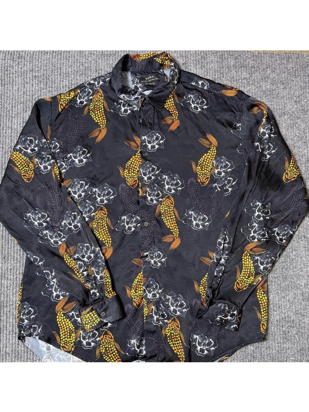 Zara Black Shirt with Gold Koi & White Floral Motif